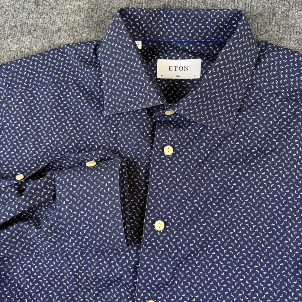 Eton Shirt Mens 16/41 Fits M Blue Mini Banana Print Slim Long Sleeve Button Up